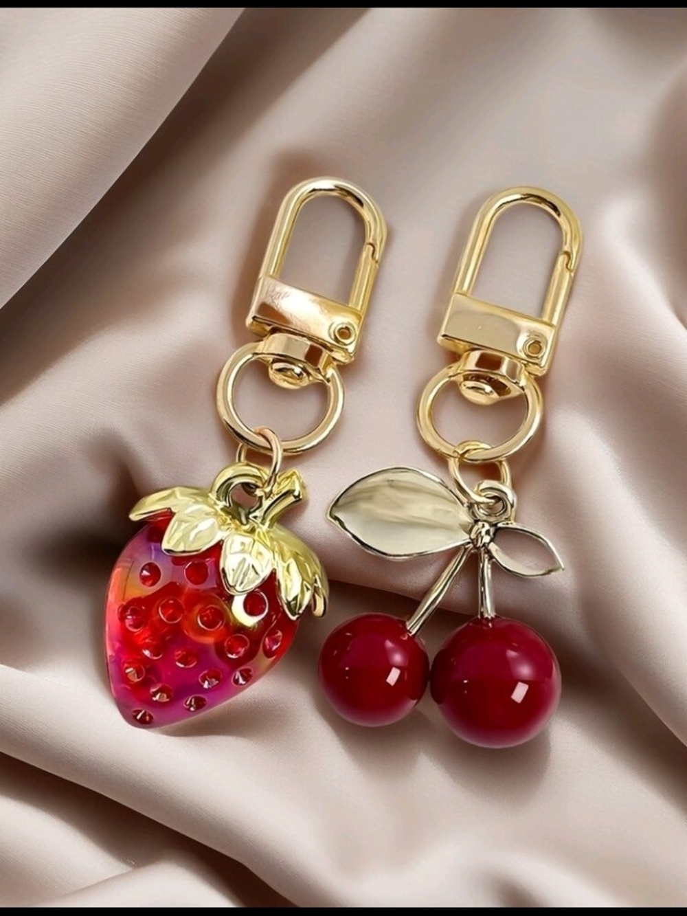 2 PCS Gold Fruit Keychain Set - Red Strawberry & Cherry Charms